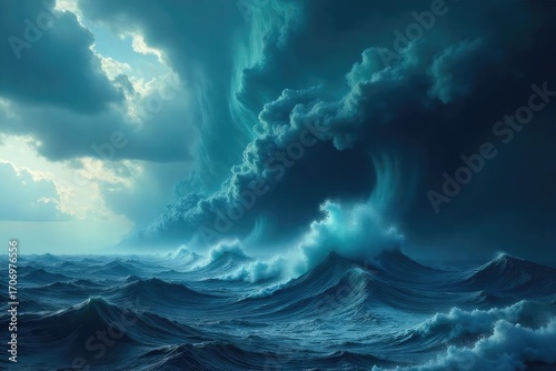 A swirling mass of dark, ominous clouds forming a powerful cyclone, a dramatic weather phenomenon over the ocean The intense vortex is visible with heavy rain and wind , rain, vortex