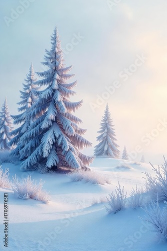 A stark winter landscape, frosted trees under a pale sky, conveying a sense of desolate, frigid beauty The scene evokes feelings of isolation and quiet intensity , trees, icy