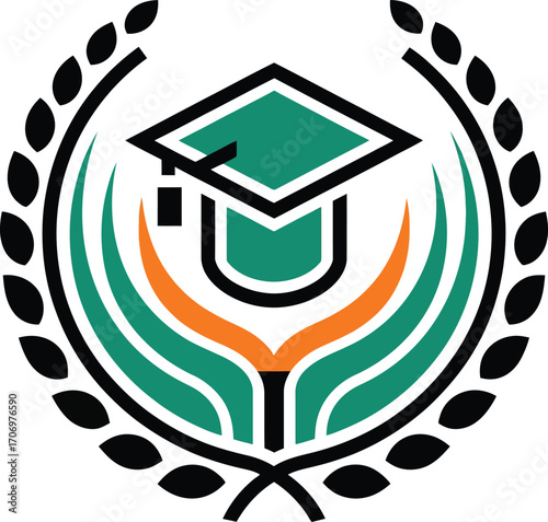 Academic Achievement Logo with Graduation Cap and Laurel Wreath. A stylized logo featuring a graduation cap positioned above stylized, flowing lines suggestive of plants or leaves.