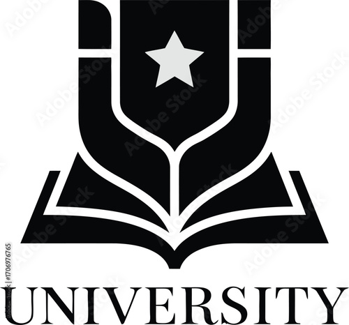 Elegant University Logo with Shield and Book, A minimalist, light gray line art logo for a university, featuring a shield-shaped emblem with an open book and star.