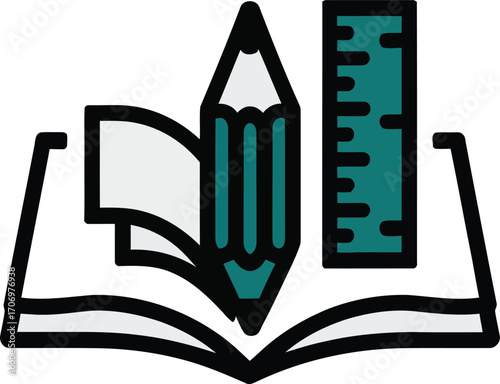 Open book with pencil and ruler, a simple illustration of education tools. This colorful line art graphic depicts an open book with a pencil and ruler resting on top.