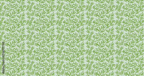 A seamless pattern of stylized green bamboo leaves and branches against a soft green background evokes nature and Asian-inspired design.