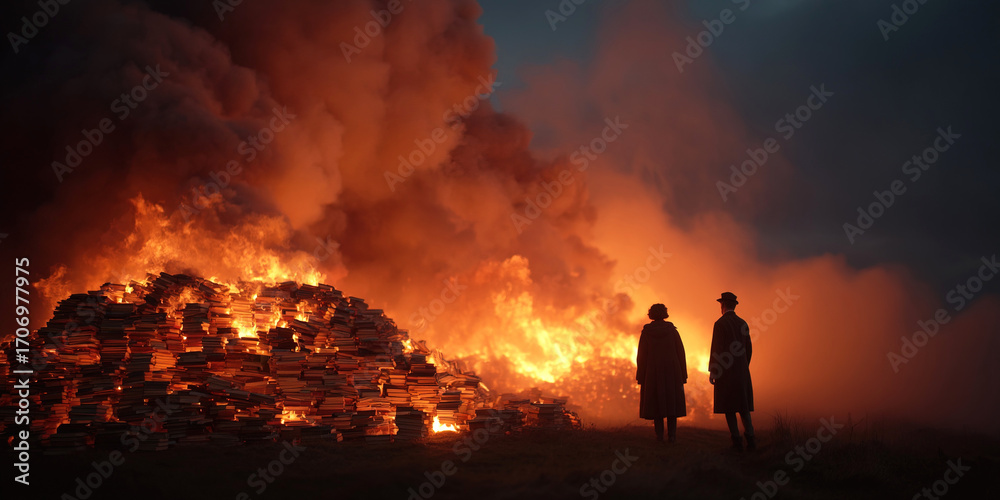 Fototapeta premium Books consumed by flames as crowd watches in despair amidst hatred and ignorance