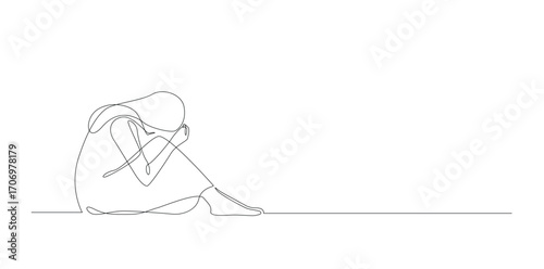 Sad Woman Line Art, One Line Drawing Vector Illustration