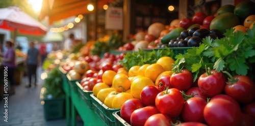 A vibrant farmers market stall overflowing with fresh, colorful produce, sunlight illuminating the abundance of fruits and vegetables , sunlight, grocery, spring