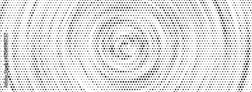 Black halftone concentric circle background. Rippled sound wave ring wallpaper. Dotted radial gradient texture. Vector rough rasterized backdrop for epicenter, target, radar signal, vibration concept