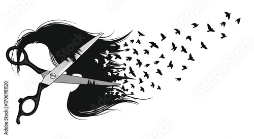 Illustration of scissors cutting hair with birds flying out, symbolizing National Hair Day in a creative and thought-provoking way on a white background.