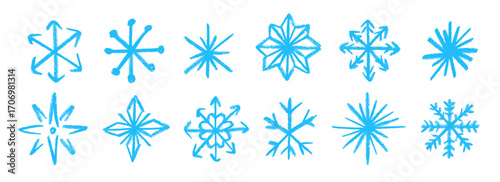 Wallpaper Mural Blue doodle snowflakes set. Crayon hand drawn snow flake collection. Craft sparkle and crystal sketch elements for Christmas, New Year party, winter holiday decoration. Vector pastel chalk shape pack Torontodigital.ca