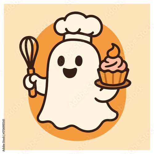 Cute Ghost Chef with Cupcake – Halloween Baking Mascot
