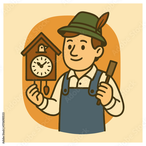 German Cuckoo Clock Maker – Craftsman in Overalls Mascot