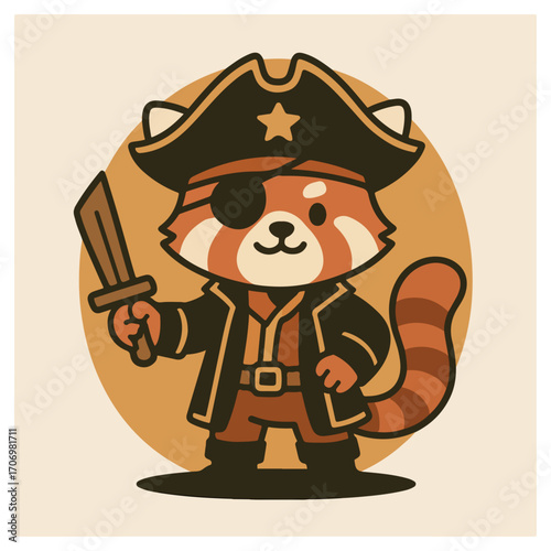 Pirate red panda mascot with sword