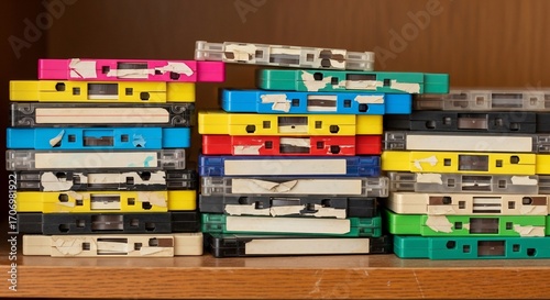 Colorful stack of vintage audio cassette tapes media technology
