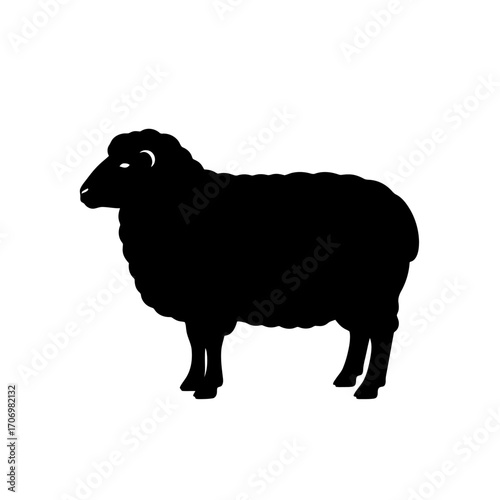 Silhouette of a Woolly Sheep Standing Profile Against White Background. Ideal for illustrating farm animals, livestock, or agricultural themes, as well as crafting design elements.