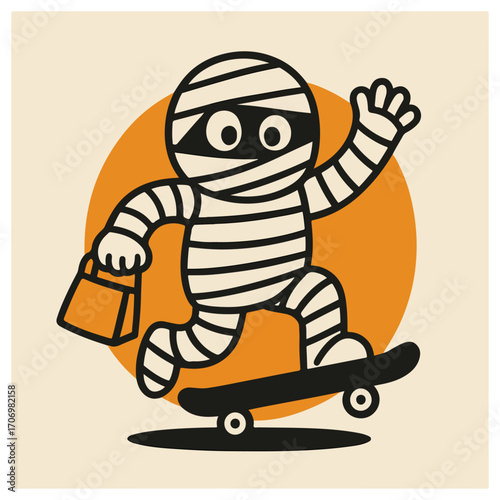 Halloween mummy skateboarding with trick-or-treat bag