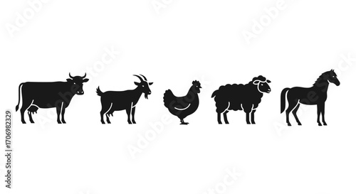 Farm Animal Silhouette Collection Featuring Cow, Goat, Chicken, Sheep, and Horse, Ideal for Agricultural Education Materials and Farm Themed Design Projects