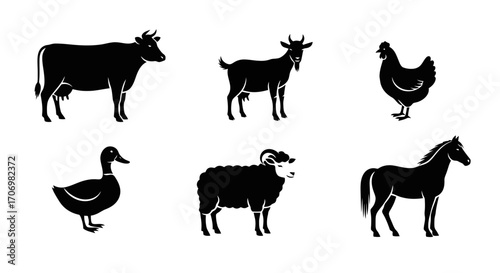 Farm Animals Silhouette Vector Illustration Collection for Educational Resources and Agricultural Design Projects and Promoting Sustainable Farming Practices