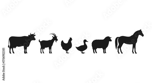 Silhouette Illustration of Farm Animals for Educational Resources and Agricultural Industry Visuals, Suitable for Children's Books and Livestock Management Materials