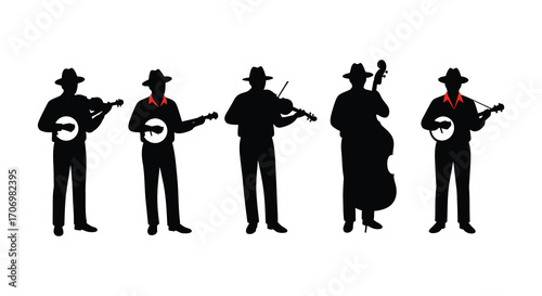 musicians playing instruments together in silhouette form