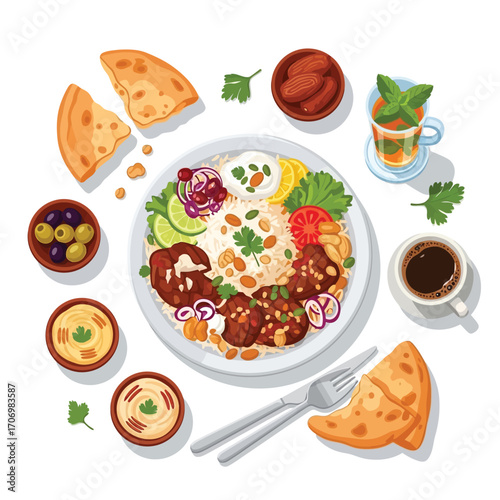 Overhead view of a Middle Eastern meal with pita bread, hummus, dates, tea, and coffee.