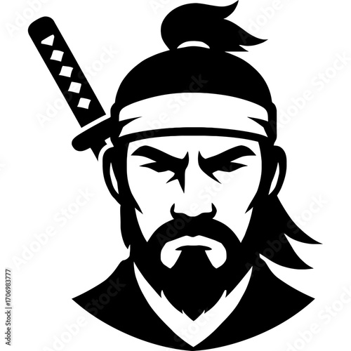 Minimalistic black silhouette of swordsman head