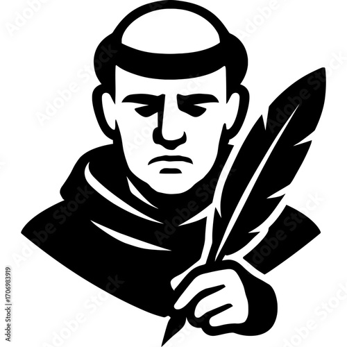 Minimalistic black silhouette of scribe monk head