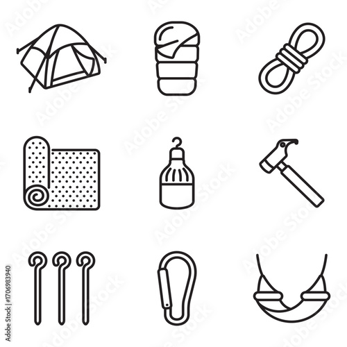 Tent equipment icon set. Thin line vectors. Contains icons such as pegs, tent lights, ropes, and more.