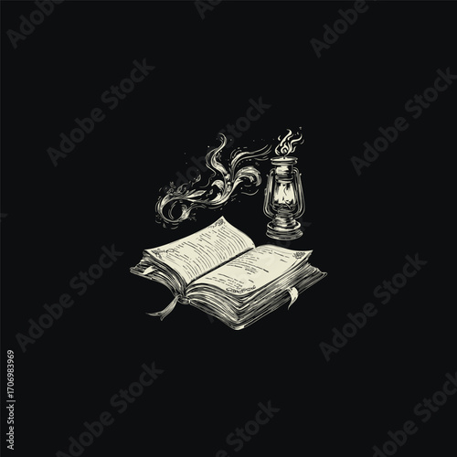 Vintage engraving style illustration of an open old book illuminated by the flame of a candle in a holder. Concept for learning, education, wisdom, and discovery of forgotten knowledge