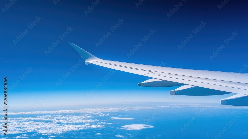 Fototapeta premium Airplane wing against blue sky
