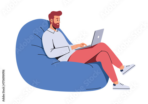 Illustration of man working on laptop while relaxing on bean bag chair