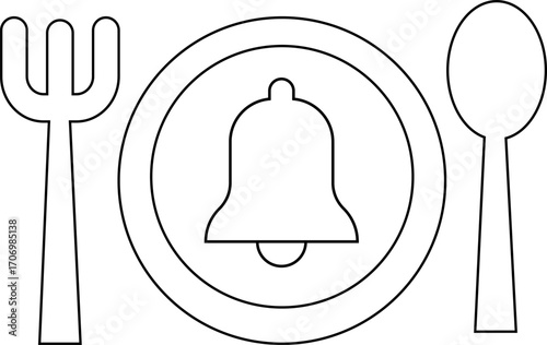 bell icon and plate and spoon fork icon with white background