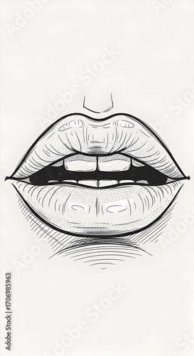 Open Lips Illustration with Teeth and Nose in Sketch Style