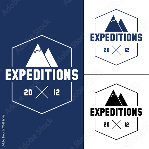 Mountain expeditions logo design with geometric shapes and vintage typography Vector