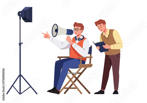 Illustration of film director giving instructions with megaphone