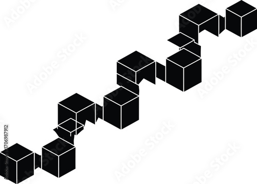 Black cubes connected in a chain, geometric structure, isometric view