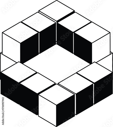 Isometric cube structure, modular construction, geometric arrangement
