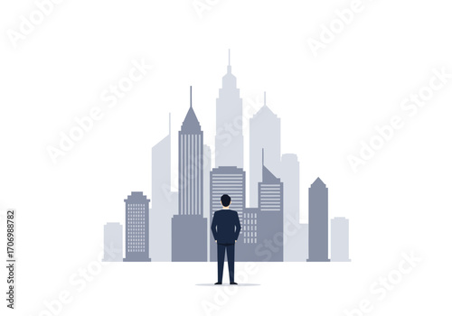Businessperson contemplating cityscape expansion.