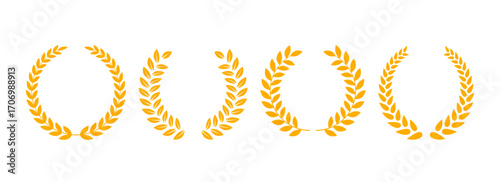 Gold laurel wreath collection. Golden circle winner trophy decor elements for award banner, emblem, logo, badge. Vector vintage round branches with olive leaves set. Retro Greek triumph ornaments pack