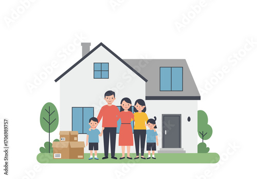 Happy Family Standing in Front of Their New Home.