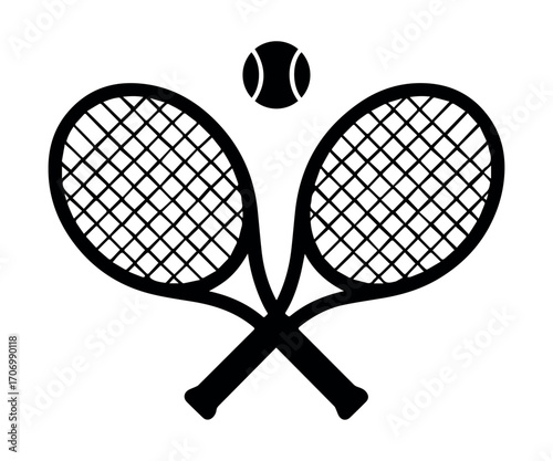 Crossed tennis rackets with ball vector – black and white sports icon for competition, championship, athletic activity, recreation, and fitness design projects