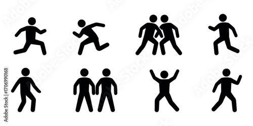 Minimal stickman sports activity icons vector – people in motion showing running, walking, exercising, dancing, and human athletic poses in black silhouettes