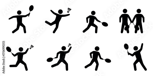 Stickman playing tennis icon set vector – collection of human figures in action poses showing racket sports activity, match, competition, training, and recreation