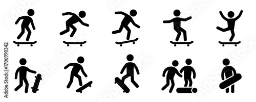 Stick figure skateboarding icon set vector – collection of dynamic human actions in black silhouettes showing sport, recreation, and extreme activity poses