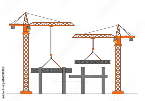 Construction Cranes Lifting Beams on Site.