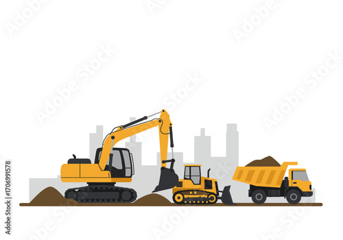 Construction Site with Excavator and Bulldozer.