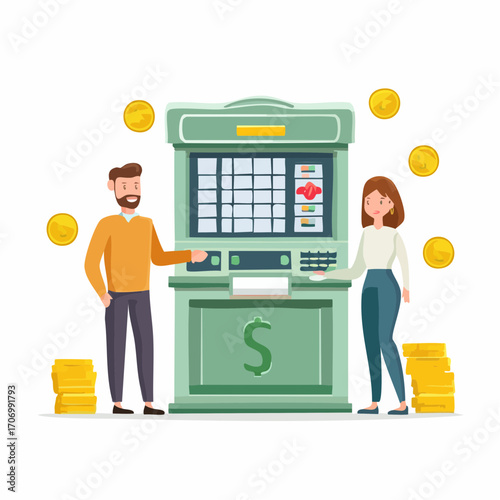 Couple using ATM machine with money coins, easy banking, financial success, vector illustration
