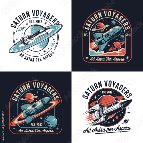 Saturn voyagers retro rocket spaceship badge illustration with planets stars and cosmic adventure theme for apparel poster and t shirt design