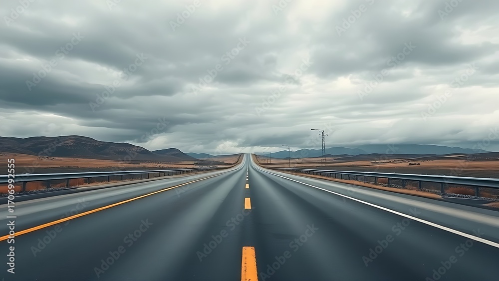 Fototapeta premium Moody overcast sky over an expansive empty roadway with atmospheric depth.
