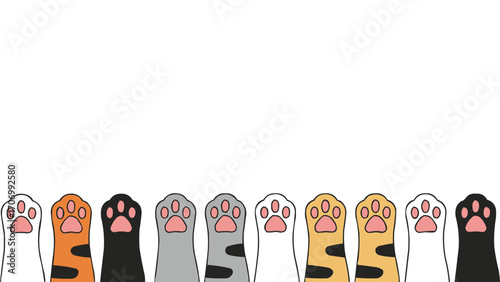 Cartoon cat paw border with colorful kitten feet and pink pads for cute seamless decoration and playful background design