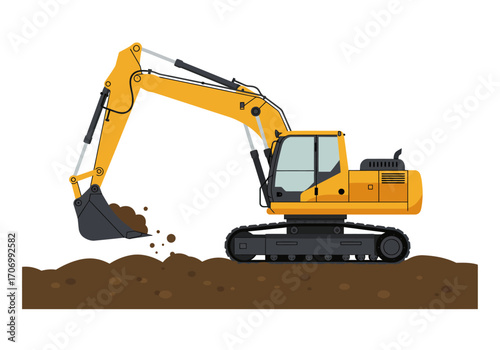 Yellow Excavator Digging in Brown Soil.