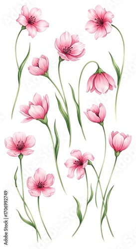 A collection of delicate, light pink flowers with long stems and fine, green leaves, arranged on a crisp white background, evokes a sense of springtime freshness.